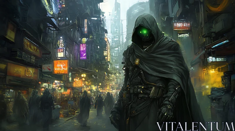 AI ART Neon Dystopia: Cloaked Wanderer