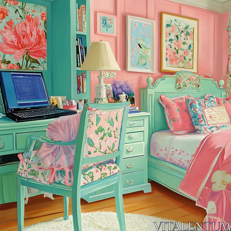 AI ART Floral Room with Desk and Bed