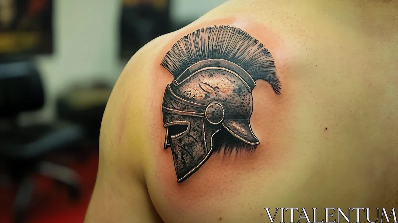 Realistic Spartan Helmet Tattoo on Shoulder AI Image