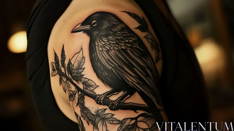 Intricate Black Ink Crow and Leaves Tattoo AI Image