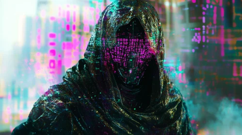 Hooded Figure in Digital Code Veil