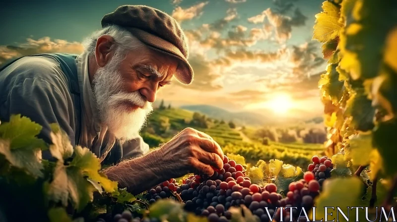 Farmer Inspecting Grapes at Sunset AI Image