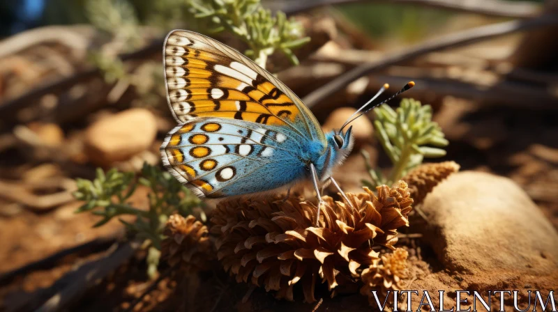 Colorful Butterfly on Pine Cone - Nature Photography AI Image