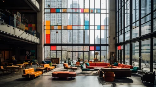 Colorful Lobby with Brutalist Architecture in New York Cityscape