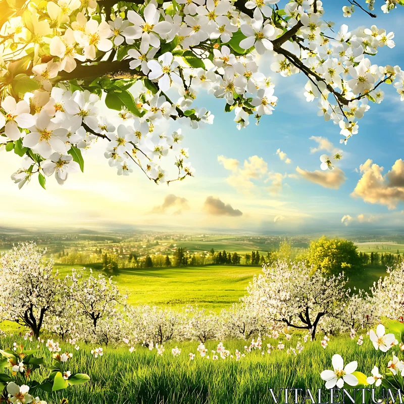 White Flowers and Green Field View AI Image