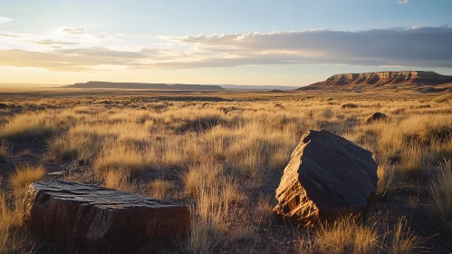 Golden Desert Grassland Sunset with Rocky Foreground