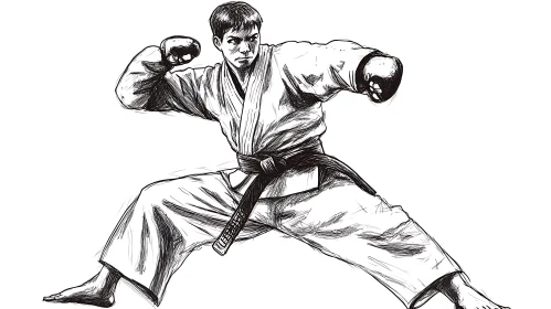 Sketch of Karate Fighter in Action