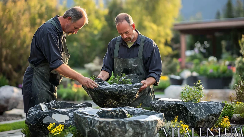 Gardeners Assembling Stone Water Feature AI Image