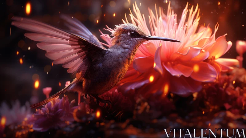 Fiery Winged Hummingbird Hovering over Pink Blossom AI Image