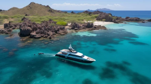 Luxury Yacht Sailing in the Ocean near a Rocky Island