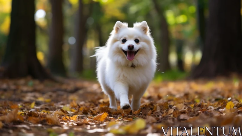 White Dog Running through Autumn Woods - Playful and Elegant Canine Photography AI Image