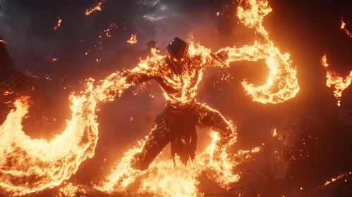 Burning Character in Volcanic Scene