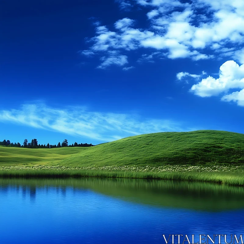 Scenic Lake Reflection with Green Hill AI Image