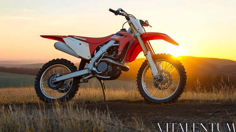 Red Motorcycle on Hill at Sunset AI Image