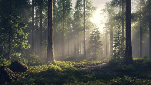 Serene Forest with Sunlight and Green Foliage