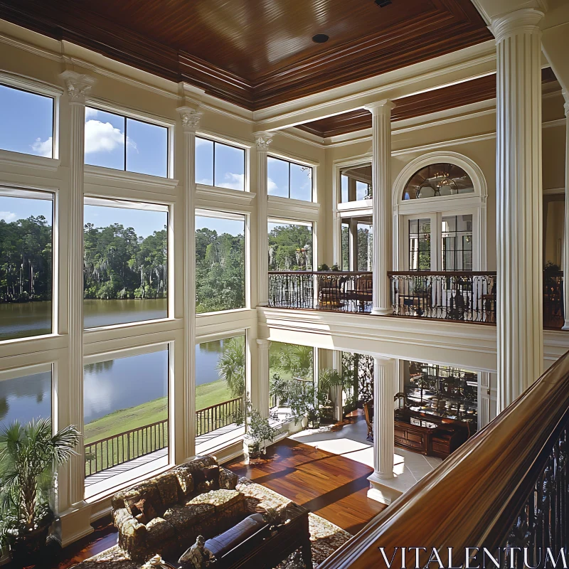 Luxury Home Interior with Lake View AI Image