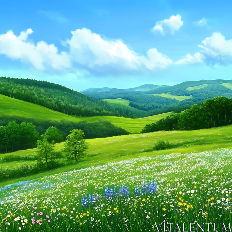 AI ART Idyllic Green Meadow and Rolling Hills