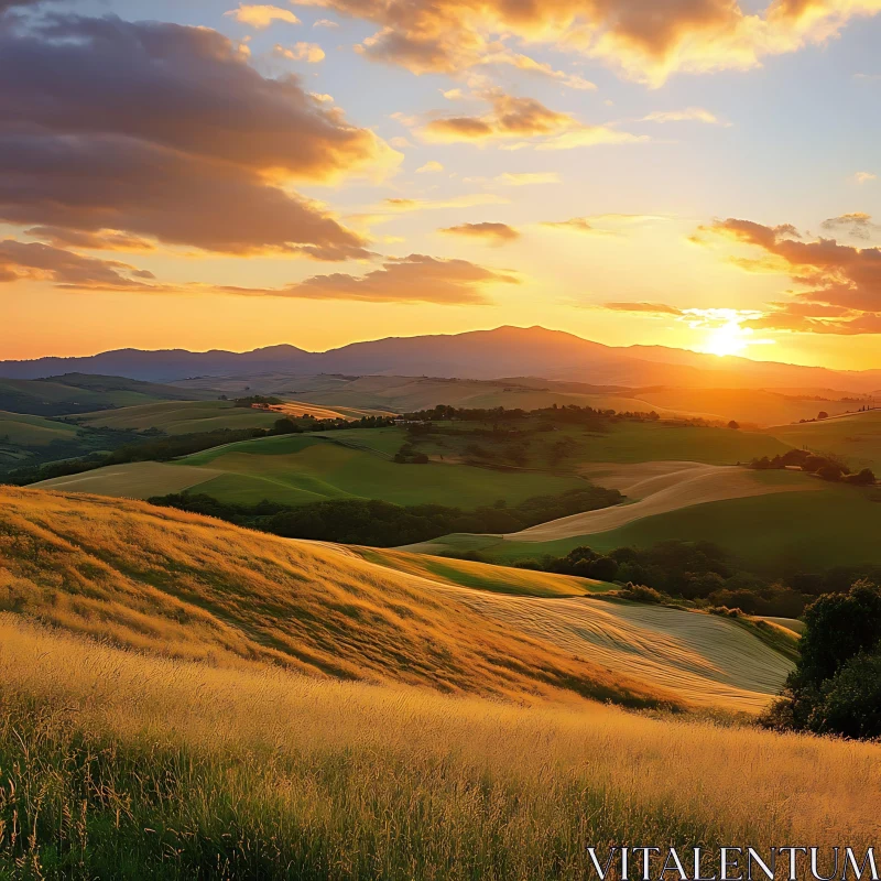 Scenic Sunset Landscape with Green Hills AI Image