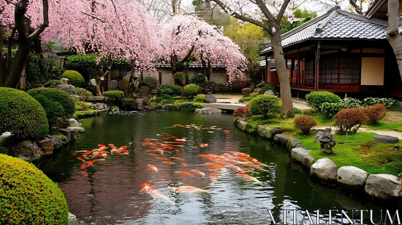 Zen Garden with Fish and Pink Flowers AI Image