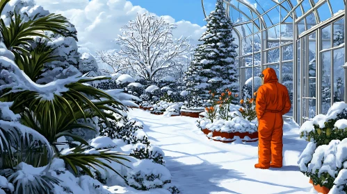 Snowy Conservatory with Visitor in Orange