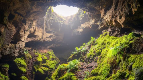 Cave Illuminated by Sunlight with Moss and Ferns