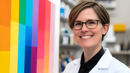 Woman in Lab Coat with Colorful Background