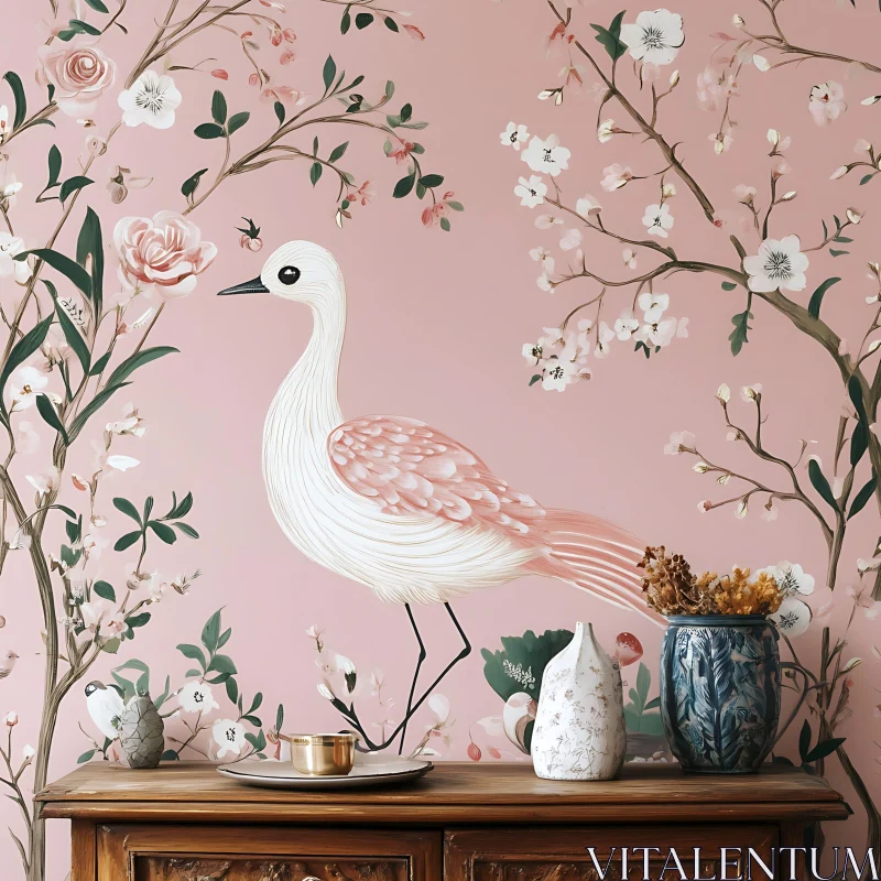 AI ART Vintage Bird and Flowers Art