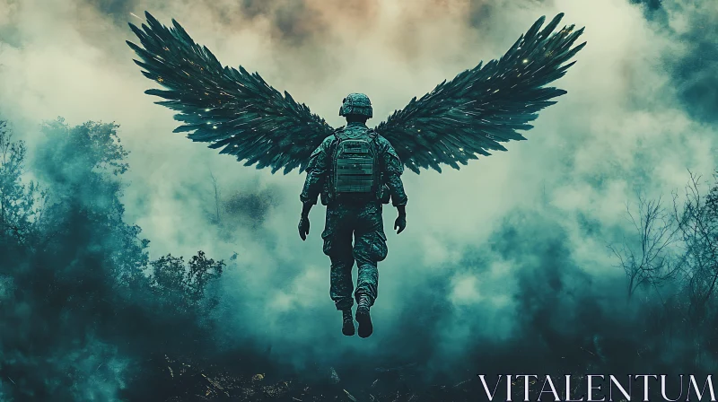 Guardian Angel Soldier in Smoky Landscape AI Image