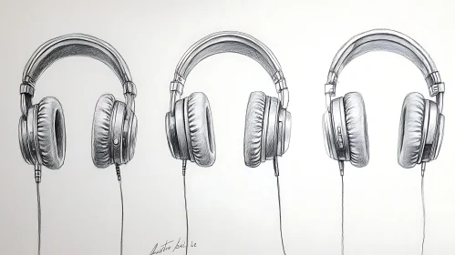 Monochrome Headphones Trio - Sketch Art