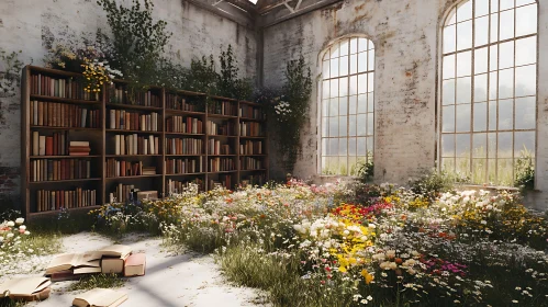 Floral Library with Books and Nature