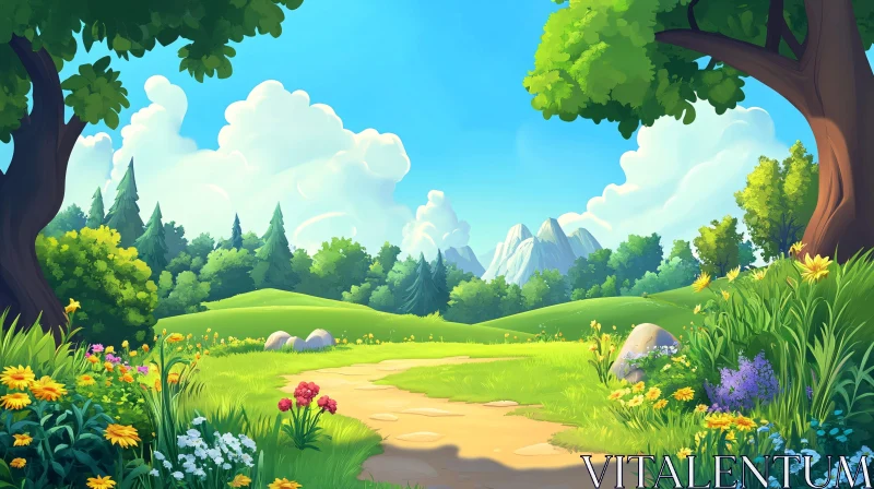 Cartoon Meadow with Winding Path AI Image