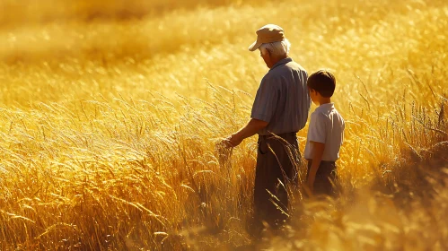 Family in Wheat Field at Sunset