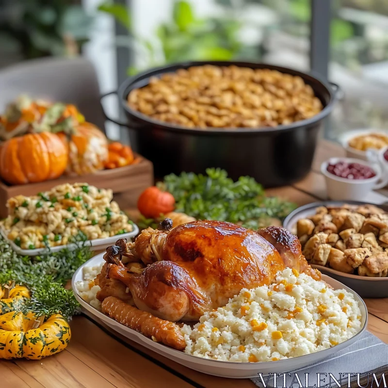 Autumnal Thanksgiving Dinner with Traditional Dishes AI Image