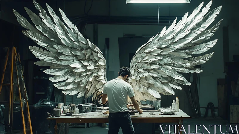 AI ART Man Crafting Angel Wings Sculpture