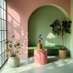 Minimalist Pastel Room with Green Plants