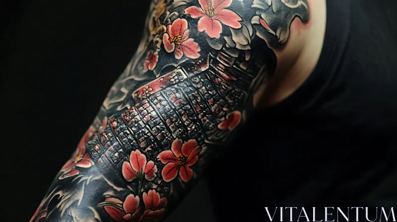 Temple and Pink Blossom Arm Tattoo AI Image