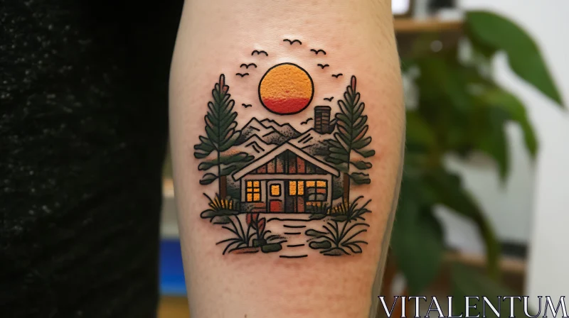 Nature-Inspired Tattoo with Cabin and Sunset AI Image