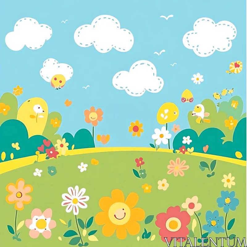 AI ART Whimsical Floral Landscape with Smiling Flowers