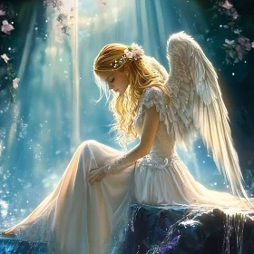 Blonde Angel with Wings in Light