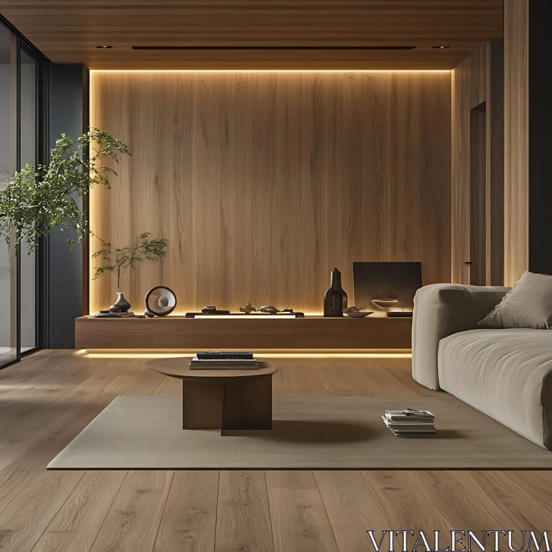 AI ART Modern Minimalist Living Room with Wood Accents