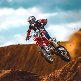 Red Motorcycle Soaring Over Sand