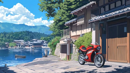 Red Motorcycle by Serene Japanese Lake