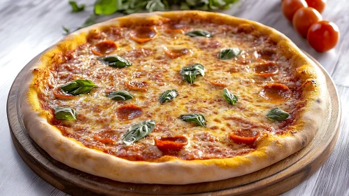 Delicious Pepperoni Pizza Topped with Basil Leaves