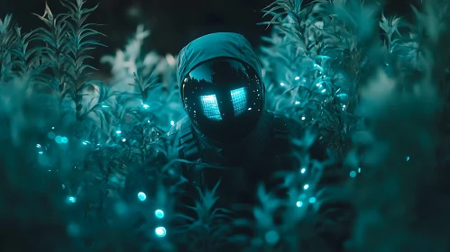 Futuristic Figure in Teal Foliage