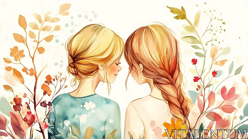 Watercolor Women with Flowers Illustration AI Image