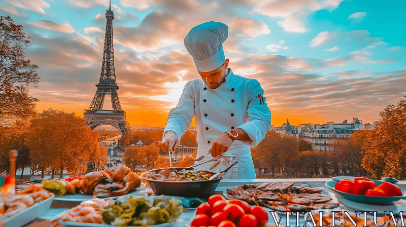 Cuisine Artistry in Paris with Iconic Eiffel Tower View at Sunset AI Image