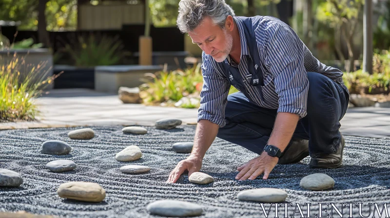 Man Arranging Stones in Zen Garden AI Image