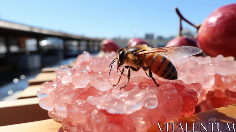 Bee Enjoying an Apple on an Ice Pile in Soft Pink Tones AI Image