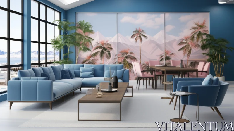 Blue and Pink Living Room with Palm Tree Accents and Mountainous Vistas AI Image