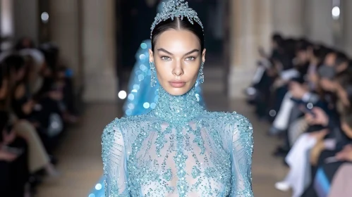Blue Haute Couture Dress with Intricate Beading and High Collar